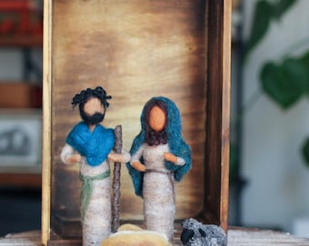 Needle Felted Mini Nativity Set: Teal Wool Christmas Decor