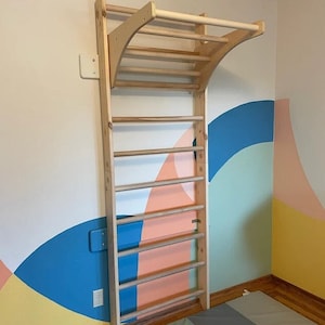 Wooden ladder for sport exercises with Adjustable pull up bar - You can change height of pull up bar. Best Gift for Birthday and Christmas