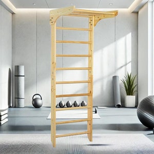 Wooden ladder for sport exercises with pull up bar