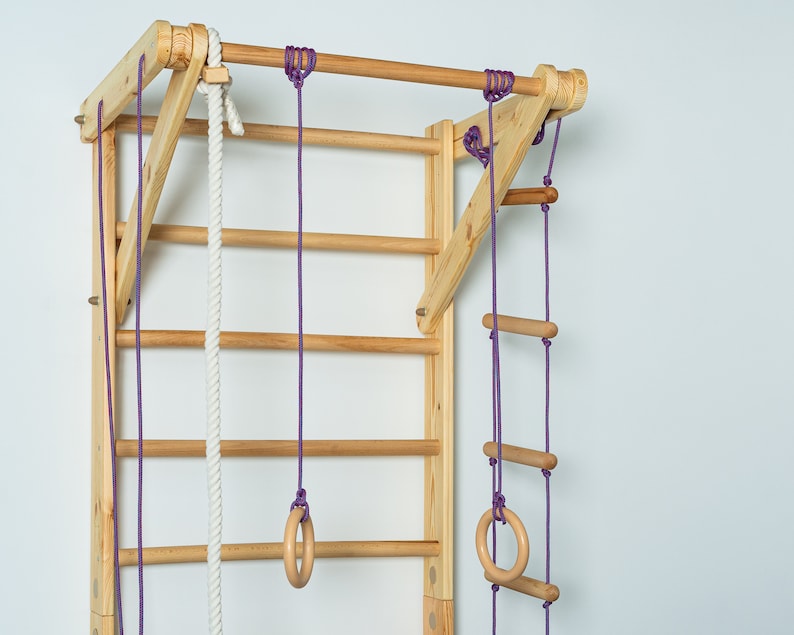 Wooden Wall Stall Bars With Fixed Pull up Bar and Rope Items. Home ...