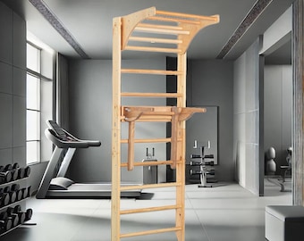 May include: A wooden wall-mounted pull-up bar with a ladder and a horizontal bar. The bar is in a home gym setting with a treadmill and weights in the background.
