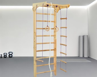 Natural Wooden Swedish Sport Ladder with Rope Attachments – Versatile Fitness & Play Station for Home