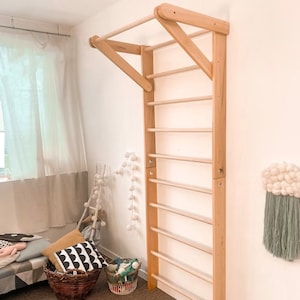 Wooden Ladder with fixed pull-up bar for kids and adults Stall Bars for home exercises