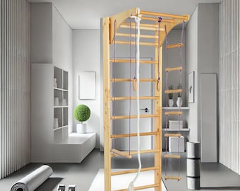 Wooden Swedish Sport Ladder with Adjustable Pull-Up Bar and Rope Attachments – Ultimate Home Gym & Play Set