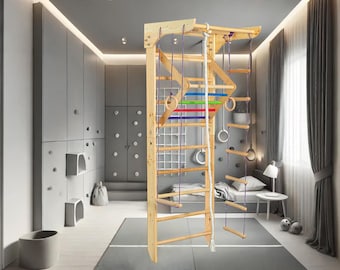 May include: A wooden indoor play gym with a rope ladder, monkey bars, rings, and a trapeze bar. The gym is mounted on a wall in a child's bedroom.