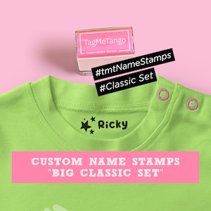 KLASSIKER Namensstempel, selbstfärbendes Kleidungsetikett Stoffstempel, Kindergartenetikett für Kinderkleidung, Tuschestempel für T-Shirts und Textilien