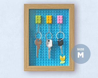 Llavero compatible con Lego, marco efecto roble, llavero de pared (talla M)