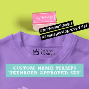 TEENAGER APPROVED Benutzerdefinierte selbstfärbende Namensstempel, personalisierte Kleidung Label Stempel, Kinderkleidung Stoff Stempel, T-shirts und Textilien, Geschenk