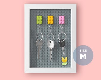 Lego Compatible Key Holder, Oak Effect Frame, Wall Mounted Keyring (Size M)