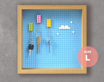 Lego Compatible Key Holder, Oak Effect Frame, Wall Mounted Keyring