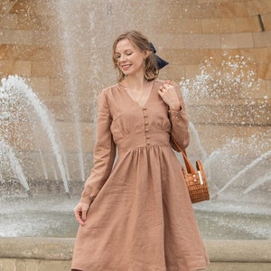 SCARLETT linen dress with long sleeves, V-neck Midi Dress, Linen Womens Clothing, Cottagecore Dress, Close Fitting Linen Dress, Retro dress,