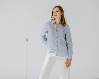 DREAMER Linen Collared Shirt With Long Sleeves, Minimalist Linen Blouse, Casual Top, White Linen Shirt, Customizable Shirt With Pockets,