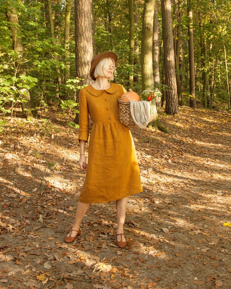 linen midi dress with gathering,3/4 sleeves , made to order linen dress with petter pan collar, loose fitting linen dress, vintage inspired dress,casual dress, loose linen dress, nursing dress, outlander linen dress,linen womens clothing, retro dress