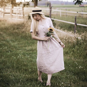 HELENA Linen Dress, Mid Century Modern Dress,Cottagecore Dress, Linen Clothing,Romantic Midi Dress,Short Sleeve Summer Dress,Button Up Dress