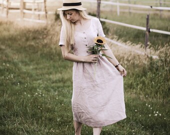 HELENA Linen Dress, Mid Century Modern Dress,Cottagecore Dress, Linen Clothing,Romantic Midi Dress,Short Sleeve Summer Dress,Button Up Dress