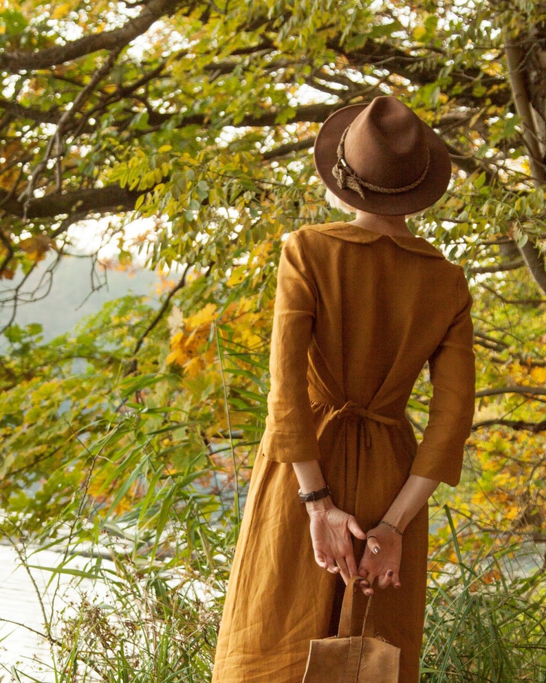 linen midi dress with gathering,3/4 sleeves , made to order linen dress with petter pan collar, loose fitting linen dress, vintage inspired dress,casual dress, loose linen dress, nursing dress, outlander linen dress,linen womens clothing, retro dress