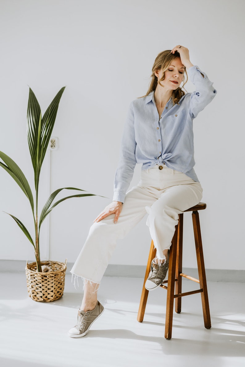 DREAMER Linen Collared Shirt With Long Sleeves, Minimalist Linen Blouse, Casual Top, White Linen Shirt, Customizable Shirt With Pockets, image 6