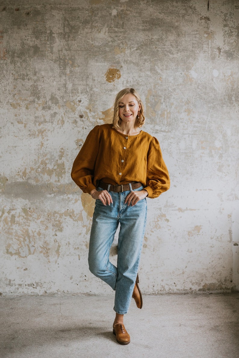 women linen shirt with long sleeves, casual top, linen clothing,casuallinen blouse, button up shirt, loose fit linen long sleeve shirt,boat neck line shirt, summer shirt, summer top, boho style shirt,puff sleeve blouse , blouse with gathers