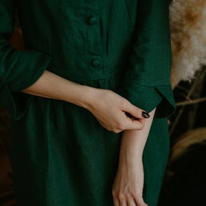 linen midi dress with gathering,3/4 sleeves , made to order linen dress with petter pan collar, loose fitting linen dress, vintage inspired dress,casual dress, loose linen dress, nursing dress, outlander linen dress,linen womens clothing, retro dress