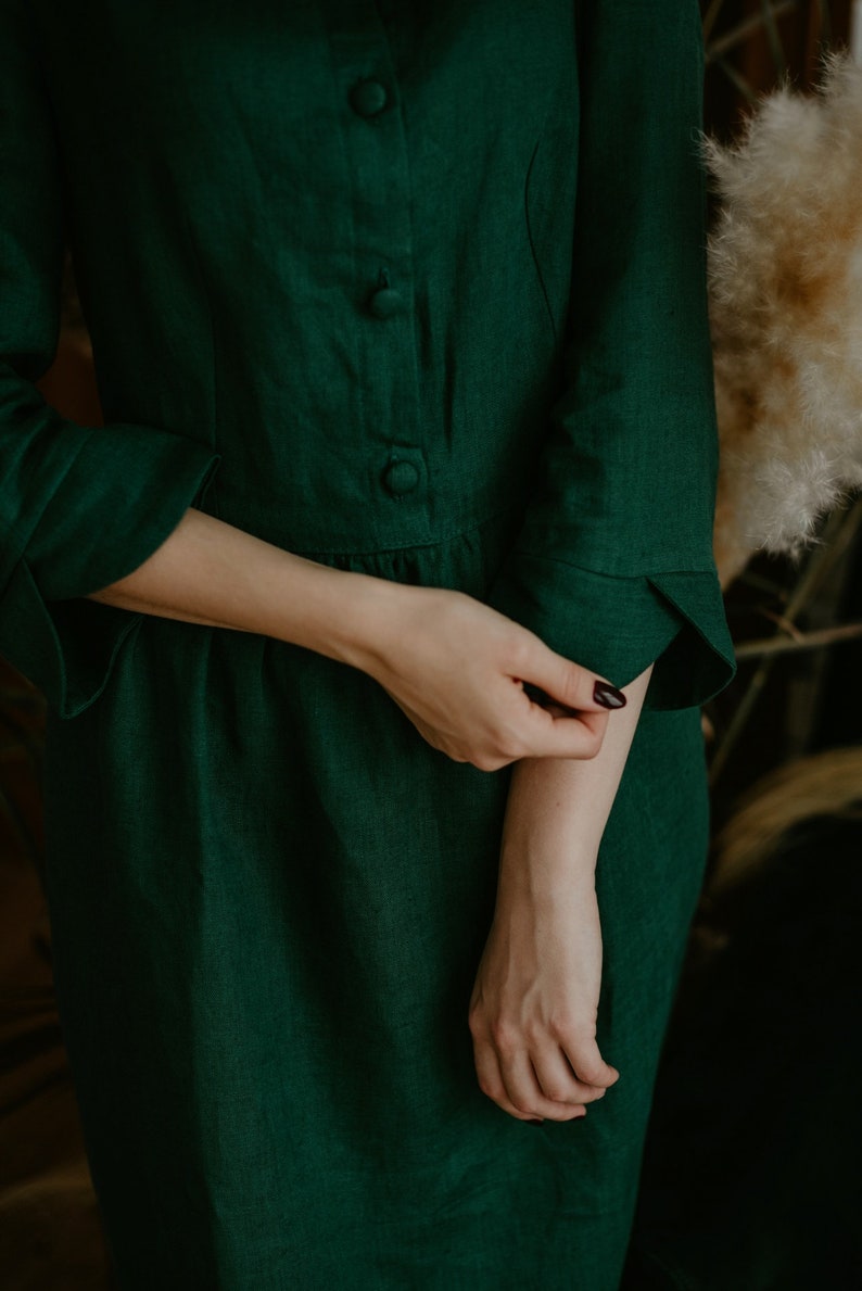 linen midi dress with gathering,3/4 sleeves , made to order linen dress with petter pan collar, loose fitting linen dress, vintage inspired dress,casual dress, loose linen dress, nursing dress, outlander linen dress,linen womens clothing, retro dress