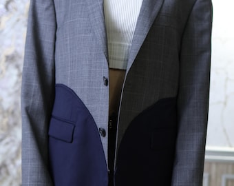 Contemporary Grey Checkered Blazer with Blue Contrast - Fashion-Forward Womens blazer