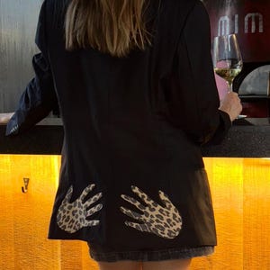 Cheeky Black Blazer with Leopard Print Hands – Bold Upcycled Statement Piece , patches on butt