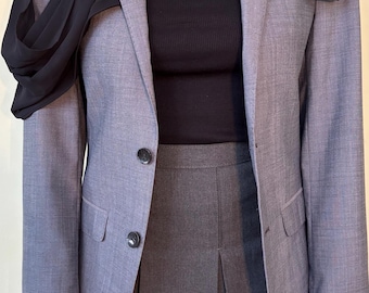 Avant-Garde Grey Blazer with Black Chiffon Ruffle | Corporate Core Statement Suit Jacket | Deconstructed Asymmetric Evening Blazer