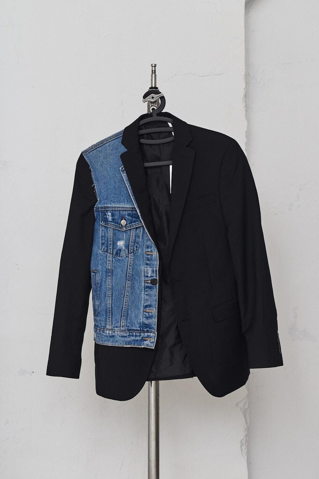 Black & Denim Mixed-Media Asymmetrical Blazer main image 1