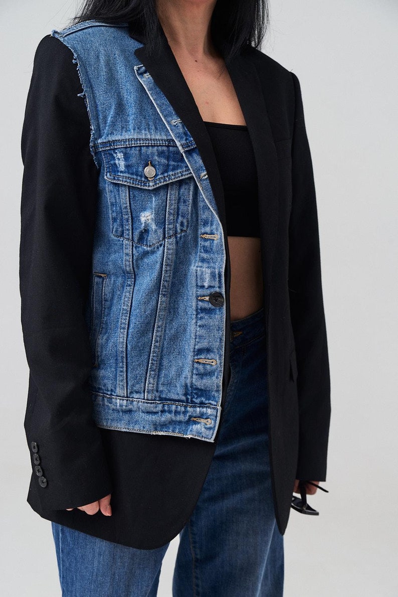 Black & Denim Mixed-Media Asymmetrical Blazer main image 0