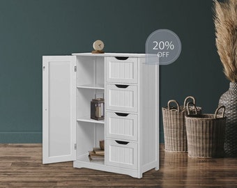 Wooden Floor Cabinet, Freestanding Storage Cabinet, Side Storage Organizer with 4 Drawers and 1 Cupboard, Bathroom Furniture Home Decor