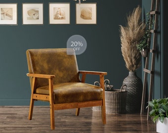 Mid Century Modern Arm Chair,  Leather Accent Chair, Living Room Chairs with Solid Wood Frame, Lounge Reading Armchair, Chair for Bedroom