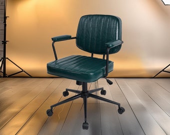 Mid Century Modern Leather Office Chair with Adjustable Swivel, Padded Armrests, Wheels & Upholstered Backrest, Ideal for Home Desk, Bedroom