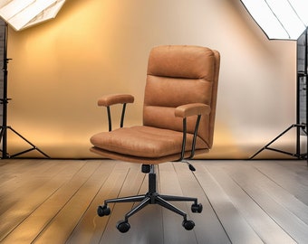 Office Chair, Swivel Chair With Armrests, Brown Leather Desk Chair, Computer Chair with Support, Height Adjustable Chair for Living Room