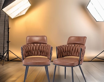 Set of 2 Mid-Century Modern Dining Chairs, Retro Faux Leather Upholstered Chairs with Hand-Weaving, Metal Legs, For Dining Room, Living Room