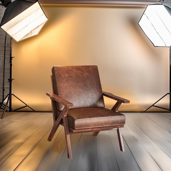Accent Wooden Chair, Faux Leather Brown Chair, Mid-Century Modern Chair, Leather Armchair, Brown Reading Chair, Comfy Upholstered Grey Chair