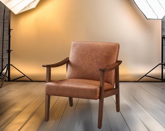 Accent Wooden Chair, Faux Leather Brown Chair, Mid-Century Modern Chair, Leather Armchair, Brown Reading Chair, Comfy Upholstered Chair