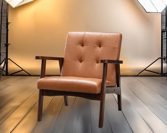Mid Century Modern Accent Chair, Wooden Chair for Living Room, Upholstered Faux Leather, Armchair, Brown Reading Chair