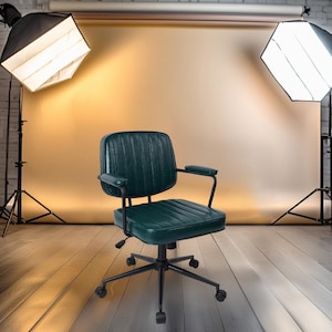 Home Office Desk Chair, Green Leather Computer Chair, Mid Back Support, Armrests Rolling, Height Adjustable Task Chair for Living Room