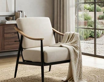Mid Century Modern Accent Chair with Wood Grain Metal Frame, Upholstered Comfy Armchair for Living Room, Minimalist Bedroom Lounge Chair