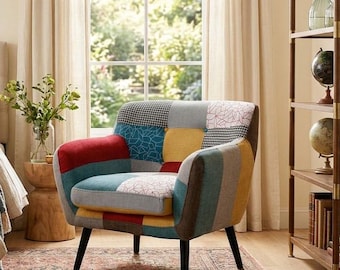Silla decorativa bohemia colorida, sillón moderno extragrande de lino con patas de madera, silla llamativa para la sala de estar, silla de lectura bohemia acogedora