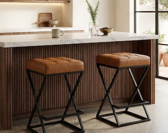 Set of 2 Backless Counter Stools, 26 Inch, Modern Faux Leather, X-Frame Metal Legs