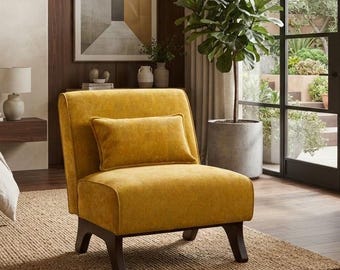 Modern Armless Accent Chair with Pillow, Farmhouse Brown Upholstered Lounge Chair, Comfy Bedroom Reading Nook Chair with Solid Wood Legs