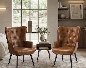 Sillón auxiliar de estilo moderno de mediados de siglo con respaldo alto, cómodo, de cuero y terciopelo, ideal para sala de estar, dormitorio minimalista, tocador u oficina.