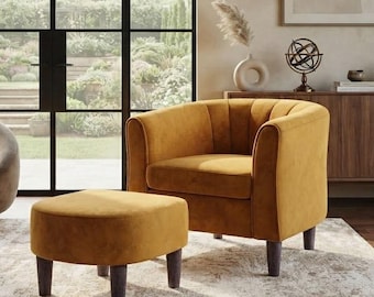 Sillón auxiliar de terciopelo amarillo mostaza con reposapiés, sillón moderno con reposabrazos y diseño de pétalos de flor, sillón acogedor para leer en espacios pequeños.