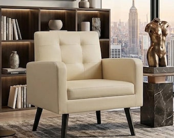 Sillón auxiliar de cuero sintético de mediados de siglo, sillón retro capitoné con patas de madera, sillón cómodo de cuero vegano, sillón cómodo para leer en el dormitorio.