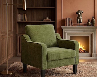 Sillón auxiliar de chenilla verde oliva, sillón cóncavo de mediados de siglo con patas de madera, sillón de lectura acogedor para el dormitorio, asiento cómodo para la sala de estar.
