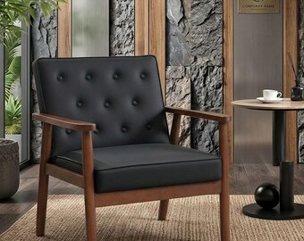 Silla de oficina de cuero negro de mediados de siglo, sillón auxiliar de madera maciza con pasamanos de roble, asientos modernos para sala de espera o recepción.