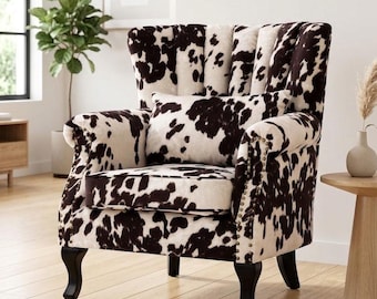 Sillón decorativo con estampado de vaca, sillón moderno de terciopelo con respaldo alto y detalles de tachuelas, sillón de salón de lujo de estilo western, sillón club acogedor capitoné con almohada.
