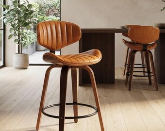 Taburetes giratorios de bar de madera curvada de 60 cm, taburete de isla de cocina de altura de mostrador de mediados de siglo con respaldo, silla de barra de desayuno de piel sintética