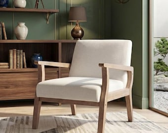 Sillón auxiliar de estilo moderno de mediados de siglo, sillón de lino color marfil con estructura de madera de roble, silla minimalista de estilo rústico para sala de estar, silla acogedora para la esquina del dormitorio.